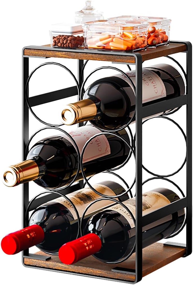 Dazioter Wood Countertop Wine Rack No Need Assembly 6 Bottles Black + Rustic Brown - Image 1